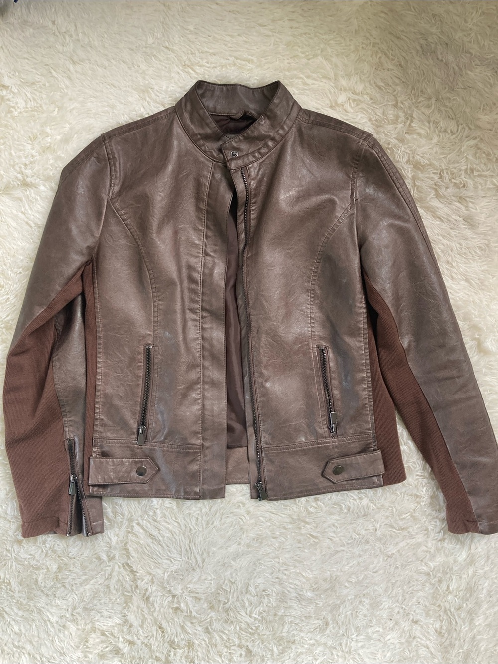 Maurices taupe Faux Leather Jacket with Knit Panels